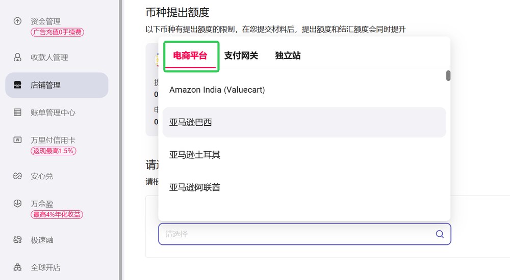 万里汇店铺管理里的币种提出额度,弹出电商平台、支付网关、独立站三个标签,列表里有亚马逊巴西、亚马逊土耳其、亚马逊阿联酋