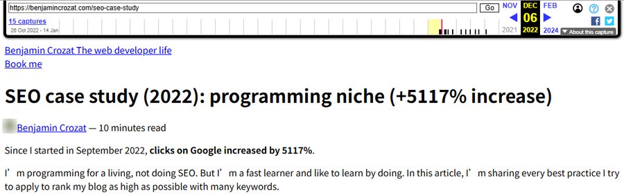 网页存档2022年12月6日那一版:SEO case study (2022): programming niche (+5117% increase)