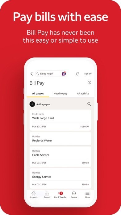 Wells Fargo手机银行官方展示图:Bill Pay账单支付页面