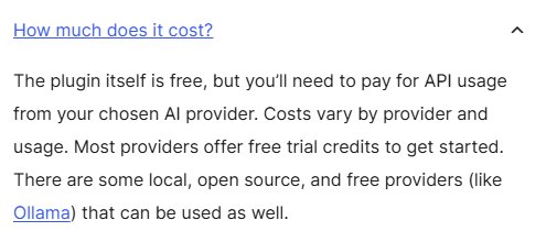 WordPress官方AI插件FAQ How much does it cost原文,插件免费,API用量付给AI厂商,可用Ollama等本地免费模型