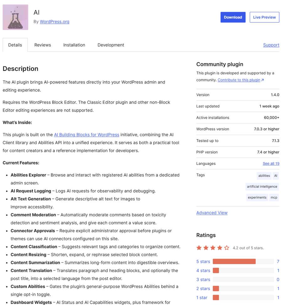 wordpress.org上WordPress官方AI插件页,By WordPress.org,版本1.4.0,6万多个站在用,要求WordPress 7.0.3以上