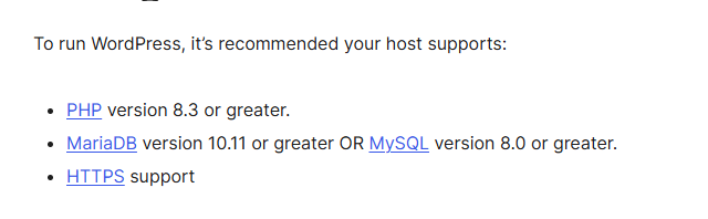 WordPress官方服务器要求:PHP 8.3或更高,MariaDB 10.11或MySQL 8.0或更高,支持HTTPS