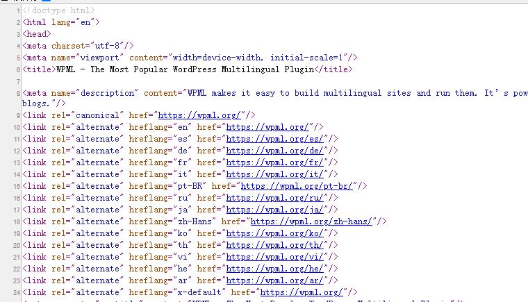 WPML官网首页源代码：html lang为en，canonical指向自己，15条hreflang含zh-Hans和x-default