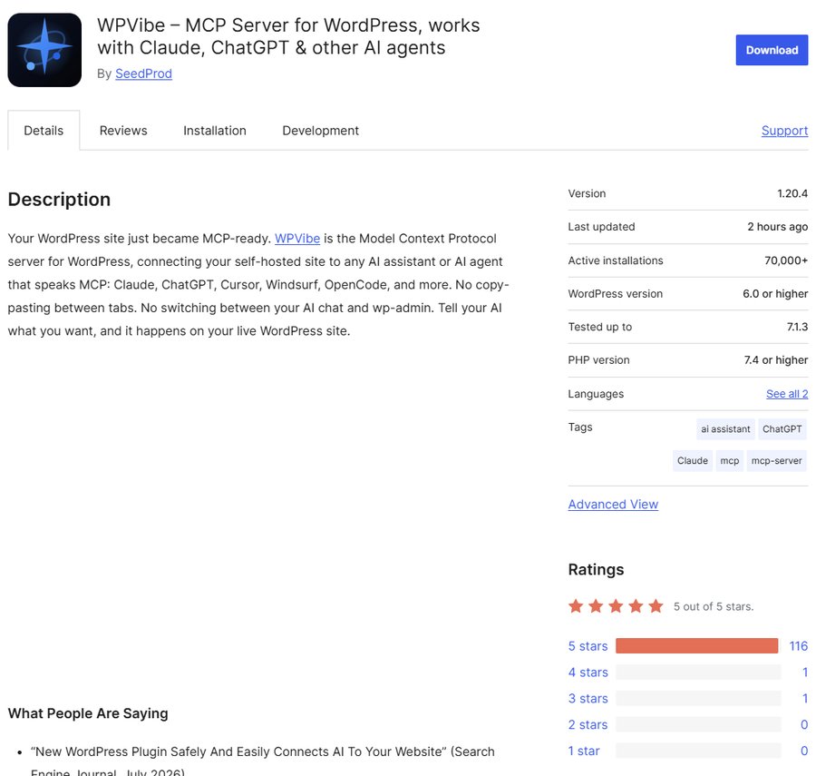 wordpress.org上WPVibe插件页,SeedProd出的MCP服务器插件,版本1.20.4,7万多个站在用,118个评分