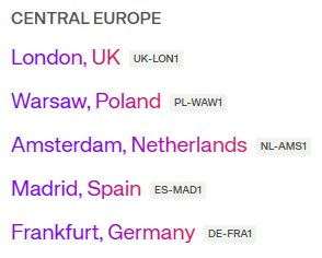 UpCloud机房列表Central Europe一栏:伦敦、华沙、阿姆斯特丹、马德里ES-MAD1、法兰克福