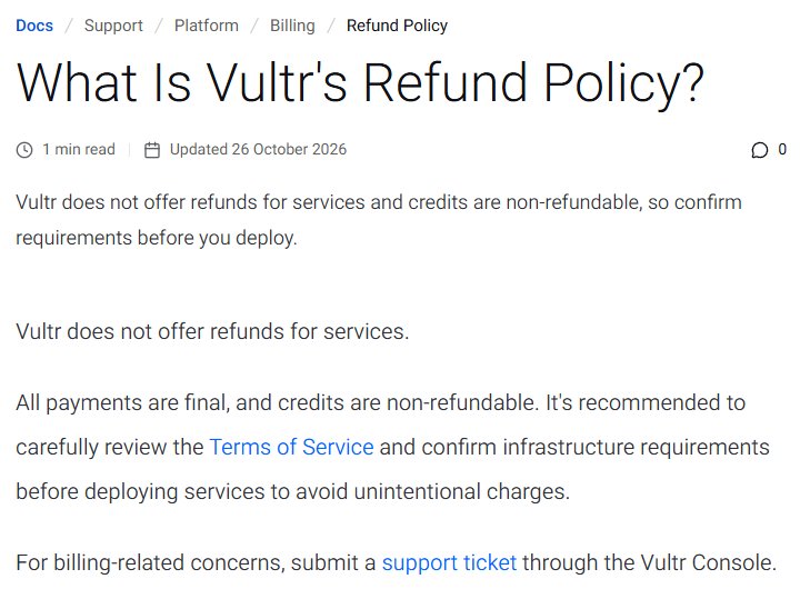 Vultr退款政策原文:Vultr does not offer refunds for services,所有付款不退,赠金也不退