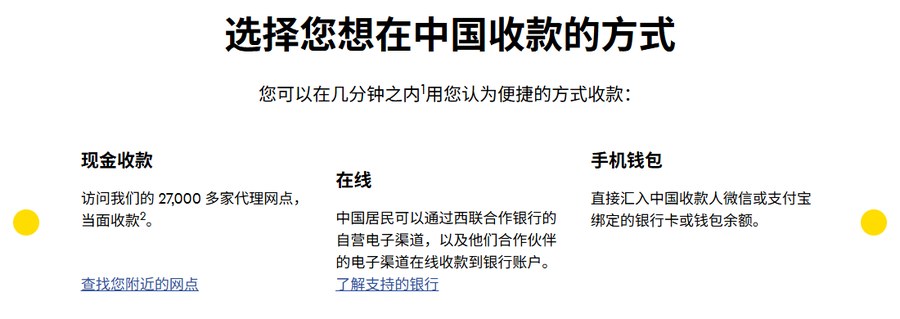 西联中国官网收款页,选择您想在中国收款的方式:现金收款、在线、手机钱包三栏