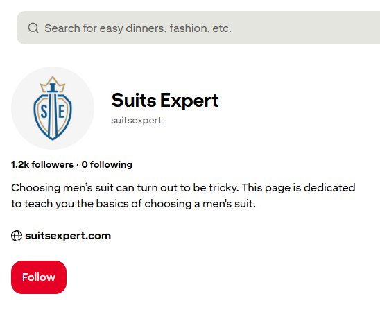 Suits Expert的Pinterest账号,1.2k关注,简介教人选男士西装