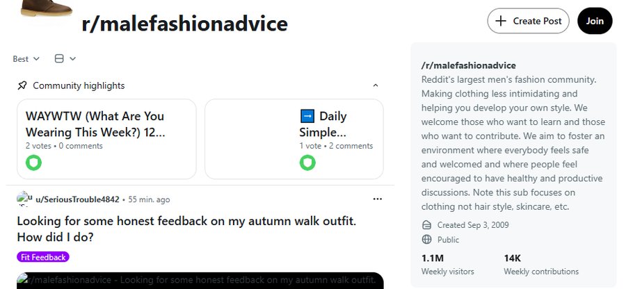Reddit男装社区r/malefashionadvice,每周约110万访客、1.4万贡献