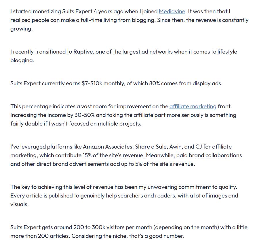 Suits Expert站长2023年公开的收入:每月7000到1万美金,80%展示广告、15%联盟、5%品牌合作
