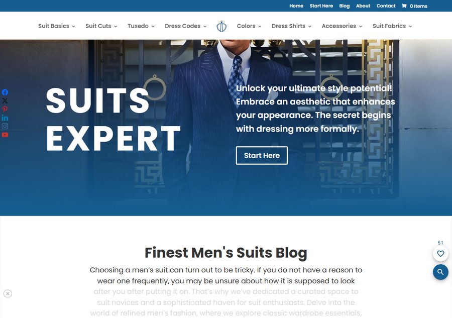 男士西装利基网站Suits Expert首页,菜单分Suit Basics、Suit Cuts、Tuxedo、Dress Codes、Colors等8块