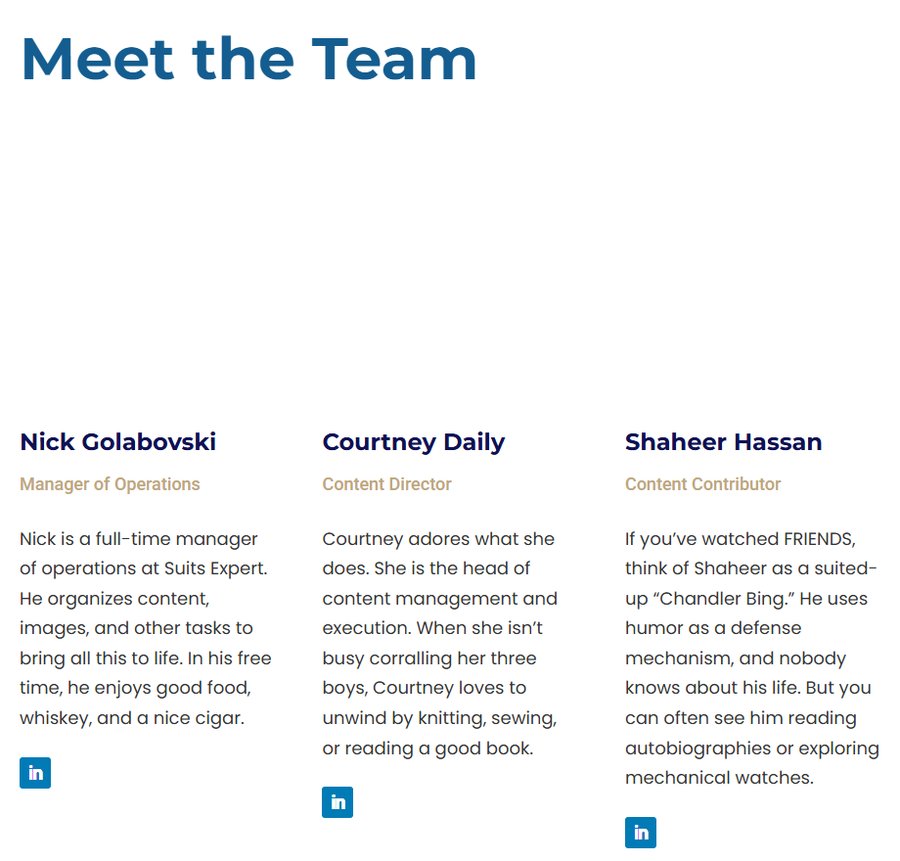 Suits Expert的About页Meet the Team,列出运营经理、内容总监、内容写手等角色