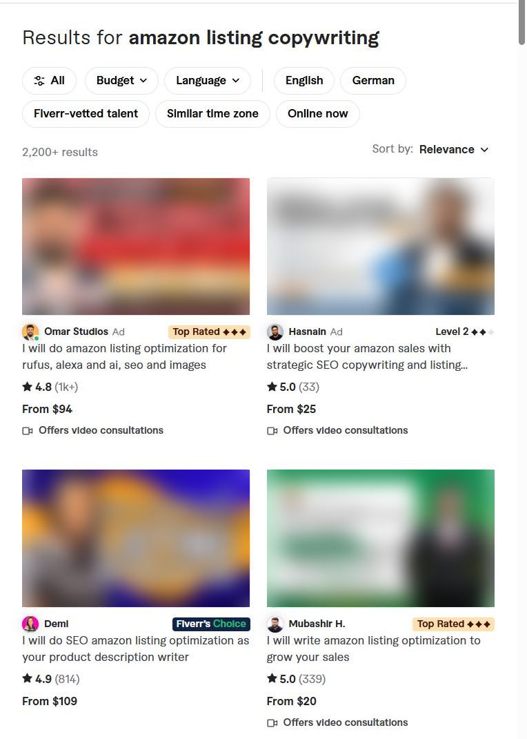 Fiverr搜amazon listing copywriting的结果页,Top Rated卖家卡片:5.0分、339条评价、起价20美金