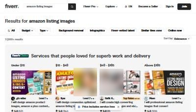 Fiverr搜amazon listing images:17,000多个服务,Fiverr's Choice四个价位档,案例卖家起价36美金