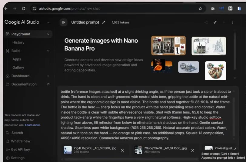 Google AI Studio里用Nano Banana Pro生成亚马逊主图的提示词:纯白背景、占画面85%到90%