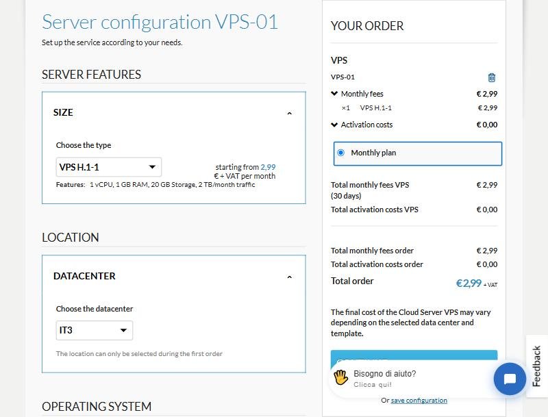 Aruba Cloud下单页选VPS H.1-1和IT3贝加莫机房,1核1GB 20GB 2TB流量,每月2.99欧元不含增值税