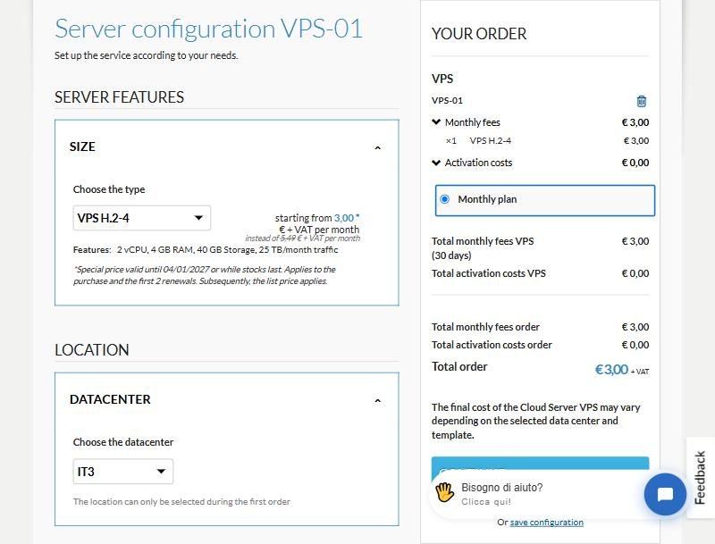 Aruba Cloud下单页VPS H.2-4:2核4GB 40GB 25TB流量,特价3欧元不含增值税,原价5.49欧元,特价含首次购买和前2次续费