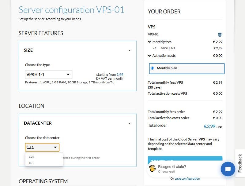 Aruba Cloud VPS下单页的机房下拉只有CZ1和IT3两项,默认是CZ1捷克,IT3是贝加莫