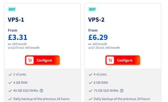 OVHcloud英国站VPS 2027:VPS-1 From 3.31英镑不含税每月,2核4GB 40GB NVMe每日备份;VPS-2 6.29英镑4核8GB