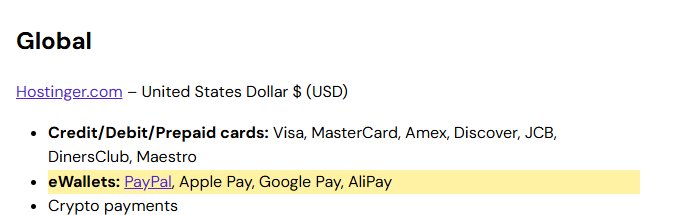 Hostinger帮助中心付款方式:全球站电子钱包含PayPal、Apple Pay、Google Pay、AliPay