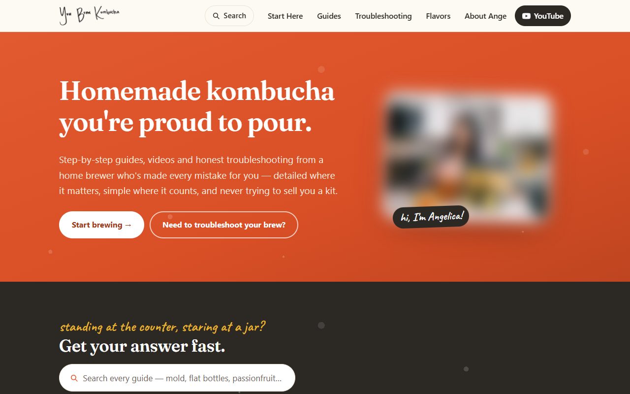 同题材网站 You Brew Kombucha 首页,主打自酿康普茶指南和排错