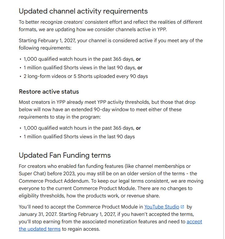 YouTube帮助中心活跃度一节:1,000小时、100万次Shorts观看、每90天2个长视频或5个Shorts三选一,以及90天恢复期和粉丝打赏条款