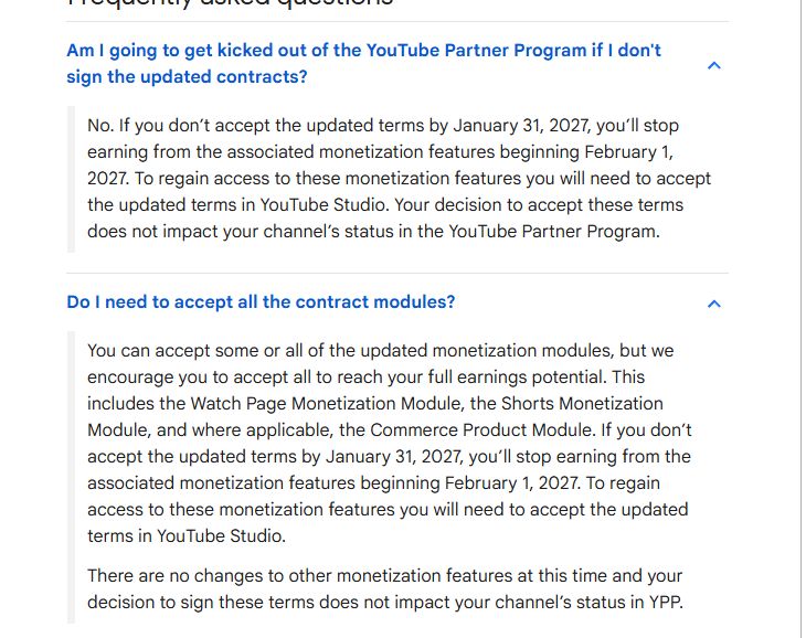YouTube帮助中心常见问题:不接受更新后的合同会不会被踢出YPP,答案是不会,以及是否要接受全部合同模块