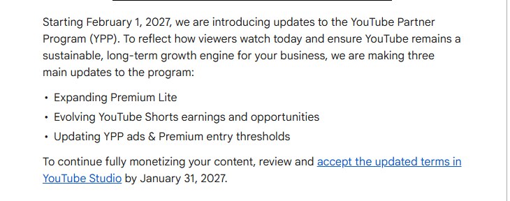 YouTube帮助中心页开头:2027年2月1日起更新合作伙伴计划,三项主要更新,最后一句是请在2027年1月31日之前在YouTube工作室接受更新后的条款