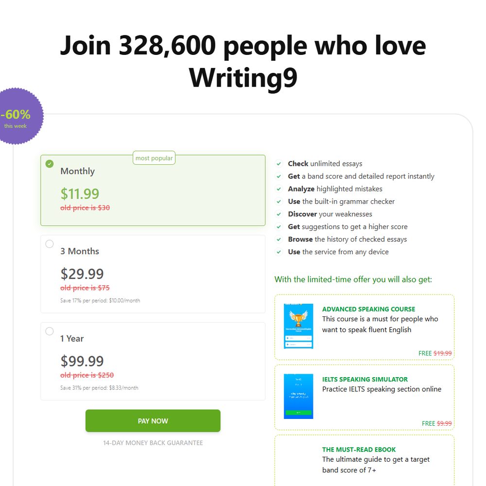 Writing9官网2023年1月存档价格:月付11.99美金、3个月29.99、1年99.99,14天退款