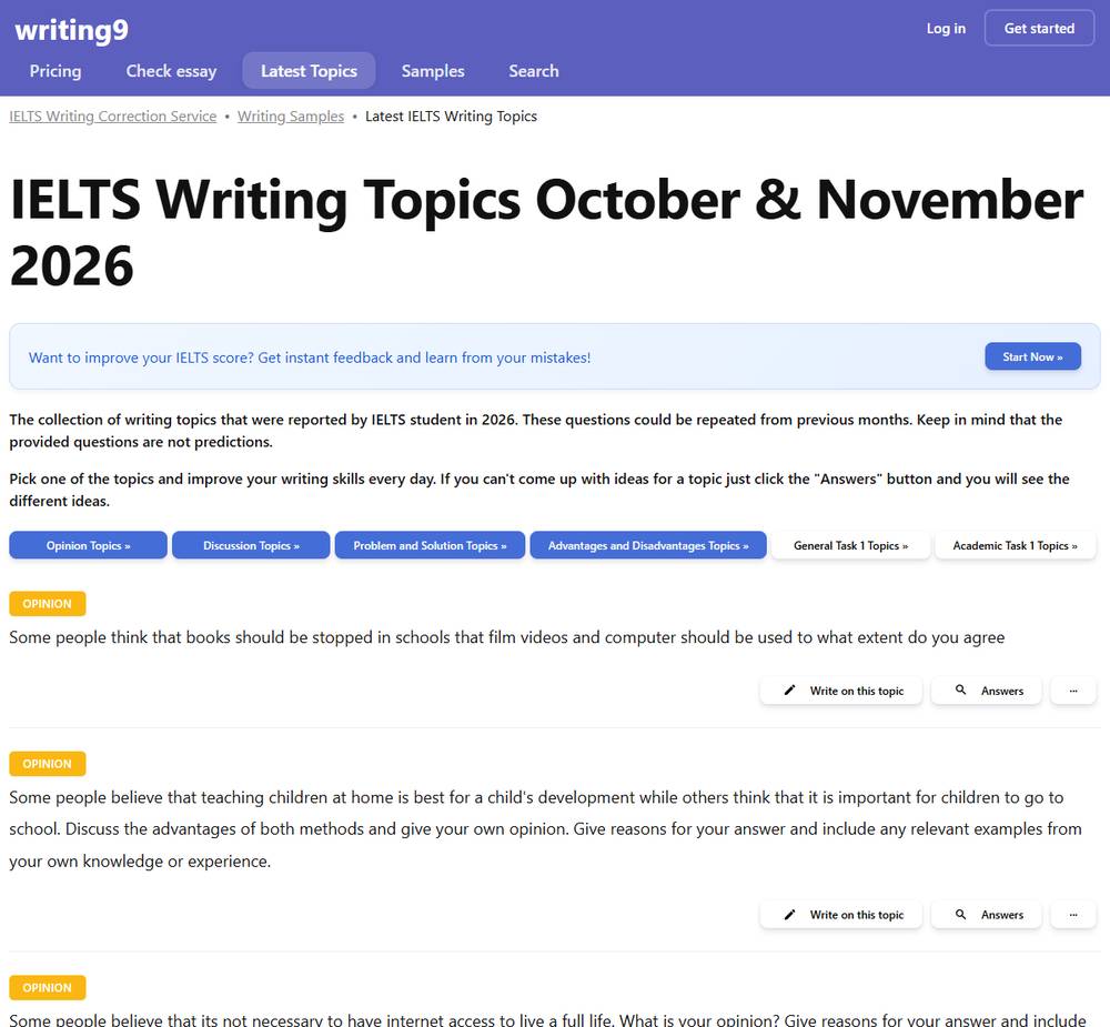 Writing9雅思写作题目页:2026年10月和11月考生回忆的题目,每题有去写和看思路两个按钮