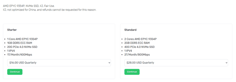 ZgoCloud大阪AMD Performance VPS下单页：IIJ线路，写明not optimized for China，Starter 1核1GB每季16美元