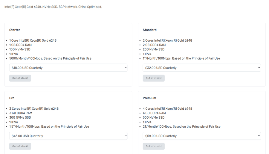 ZgoCloud东京Intel VPS下单页：BGP Network, China Optimised，Starter每季18美元，四档都显示Out of stock