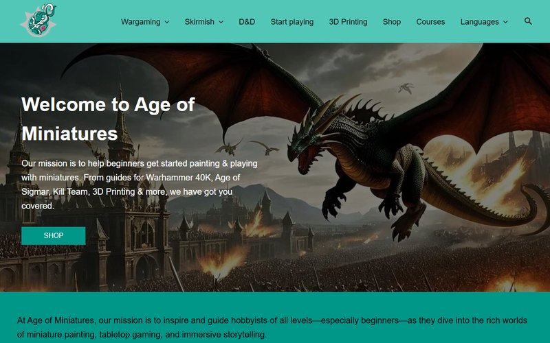 战锤模型利基网站Age of Miniatures首页,菜单和帮新手开始涂装与玩模型的使命