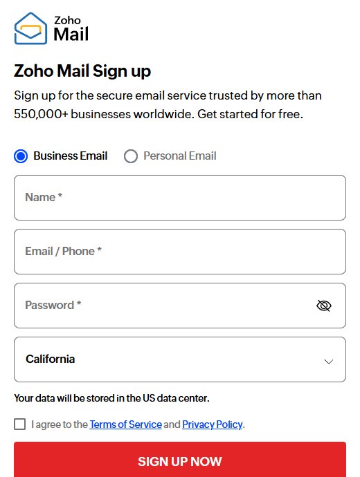 Zoho Mail注册页:Business Email和Personal Email二选一,填姓名、邮箱或手机、密码、地区,表单下方写Your data will be stored in the US data center
