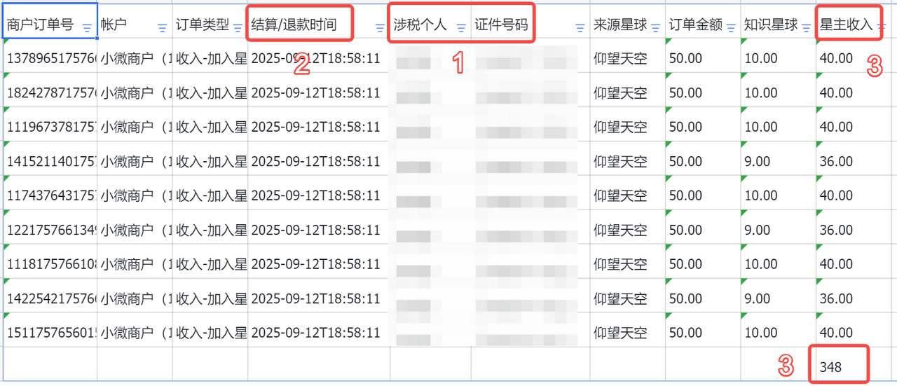 官方帮助中心的涉税收入导出表示例:订单金额50元,知识星球10元,星主收入40元