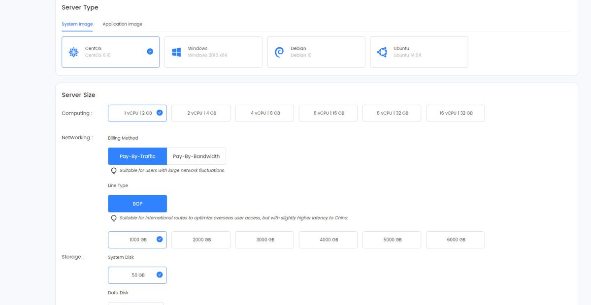 LightNode下单页选择系统、配置、按流量计费和BGP线路,提示BGP到中国延迟略高