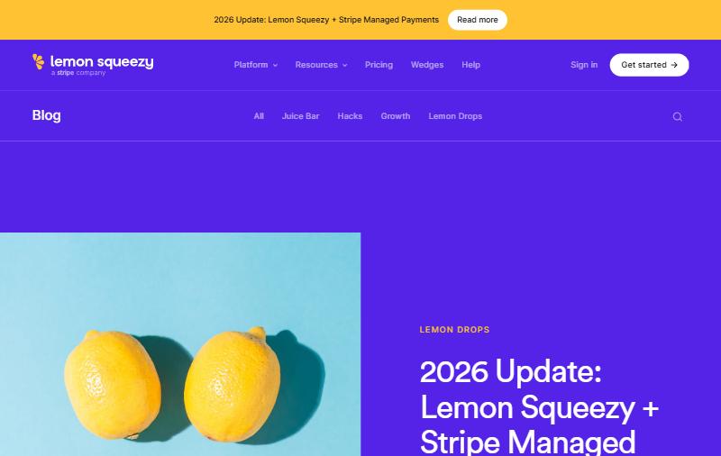 Lemon Squeezy官方博客2026年更新文章页,顶栏写2026 Update: Lemon Squeezy + Stripe Managed Payments,logo下写a Stripe company