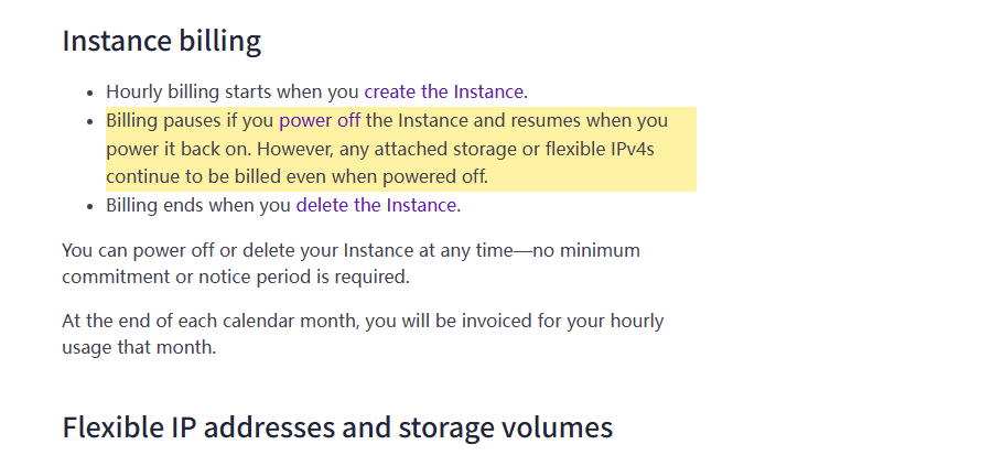 Scaleway官方文档实例计费说明：关机后暂停计费，但挂着的存储和IPv4照常收费