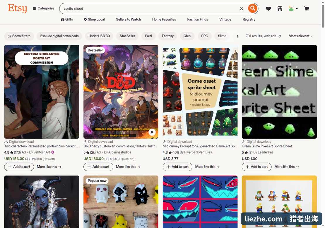 Etsy搜索sprite sheet显示707个结果,游戏精灵图数字产品市场真实截图