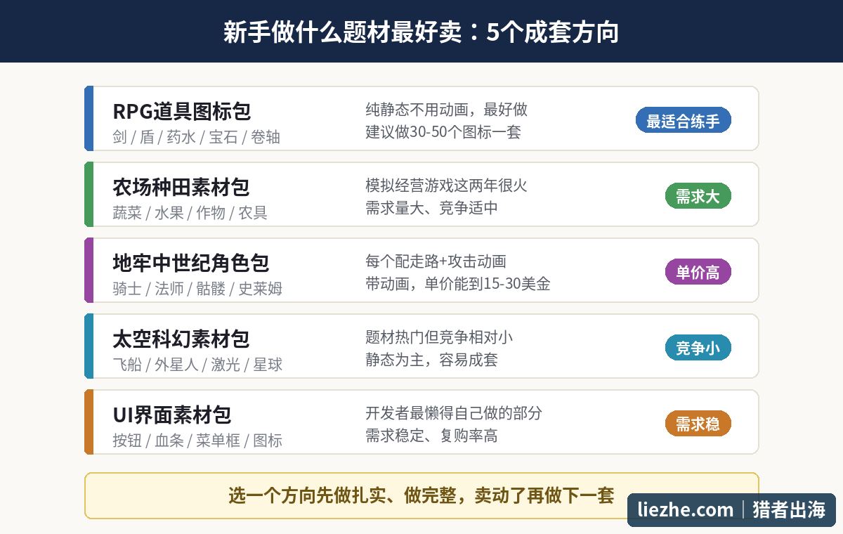 新手做sprite最好卖的5个成套题材方向:RPG道具、农场素材、地牢角色、太空科幻、UI界面