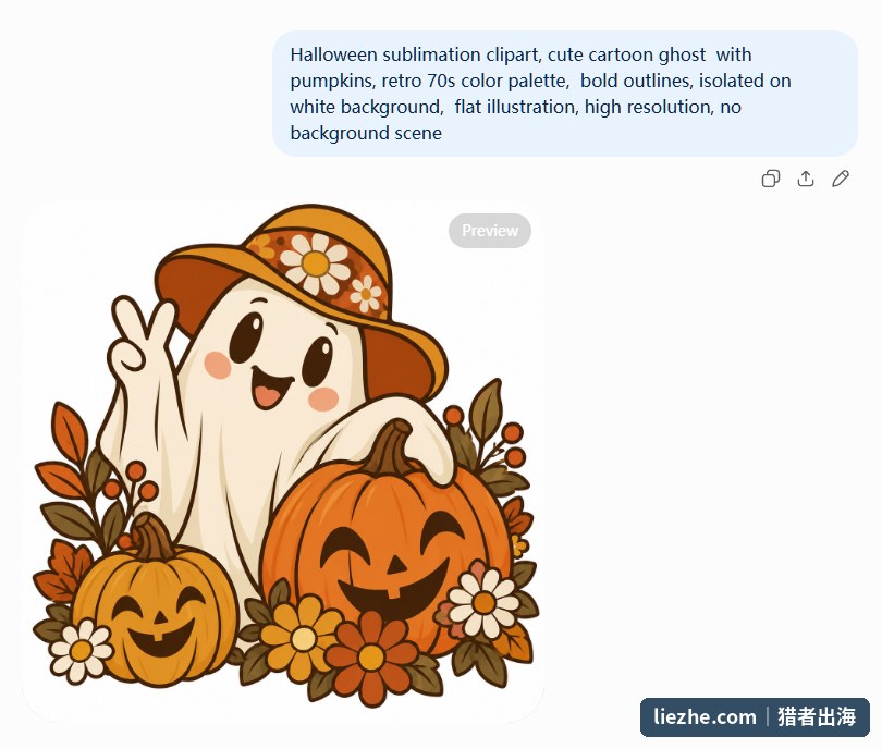用ChatGPT生成万圣节升华图clipart,卡通小幽灵配南瓜和花朵,70年代复古配色、粗描边、白底扁平插画
