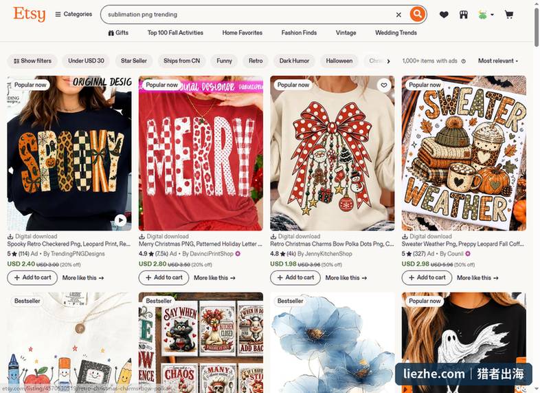 Etsy搜索sublimation png trending的结果页,商品价格集中在1.98到2.98美金,全部标注Digital download数字下载