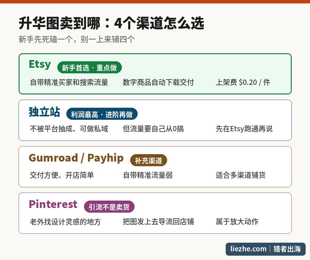 PNG升华图4个销售渠道对比:Etsy新手首选、独立站进阶做、Gumroad和Payhip补充、Pinterest引流