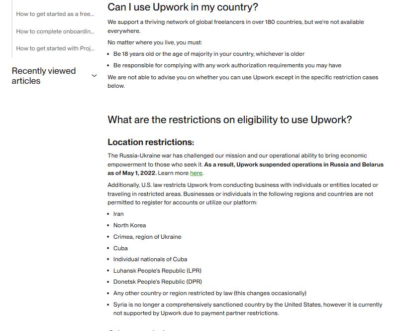 Upwork帮助中心说明哪些地区不能注册，名单里没有中国大陆