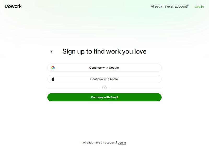 Upwork自由职业者注册页，可选Google、Apple或邮箱继续