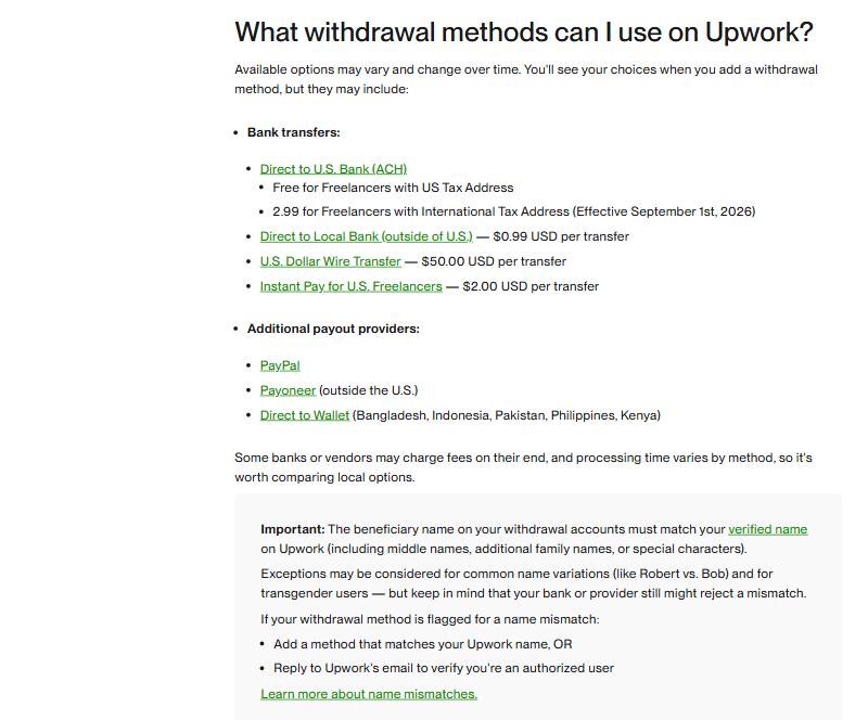 Upwork官方提现方式列表，含美国银行ACH、本地银行、电汇、PayPal和Payoneer的费用