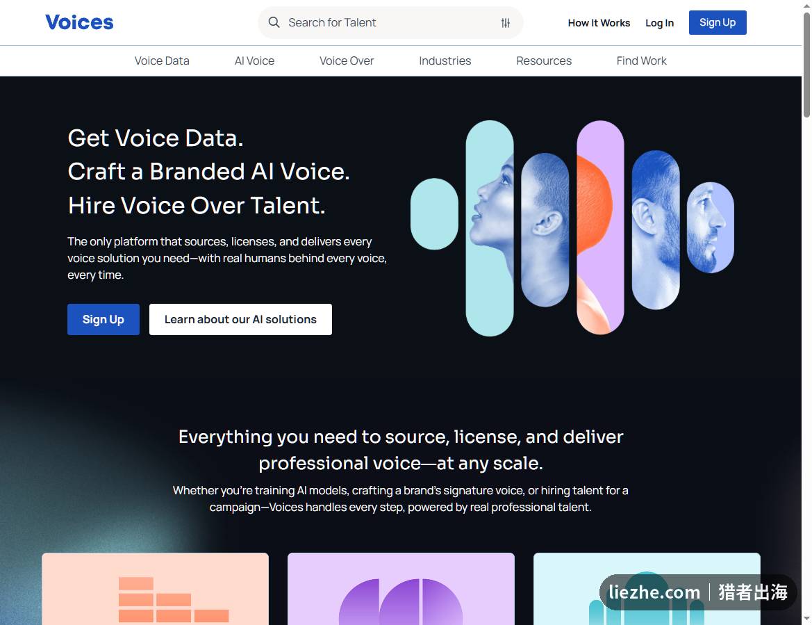 Voices海外配音平台首页，提供语音数据、AI语音定制和真人配音接单服务
