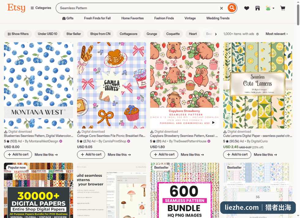 Etsy搜索seamless pattern的结果页和听单定价