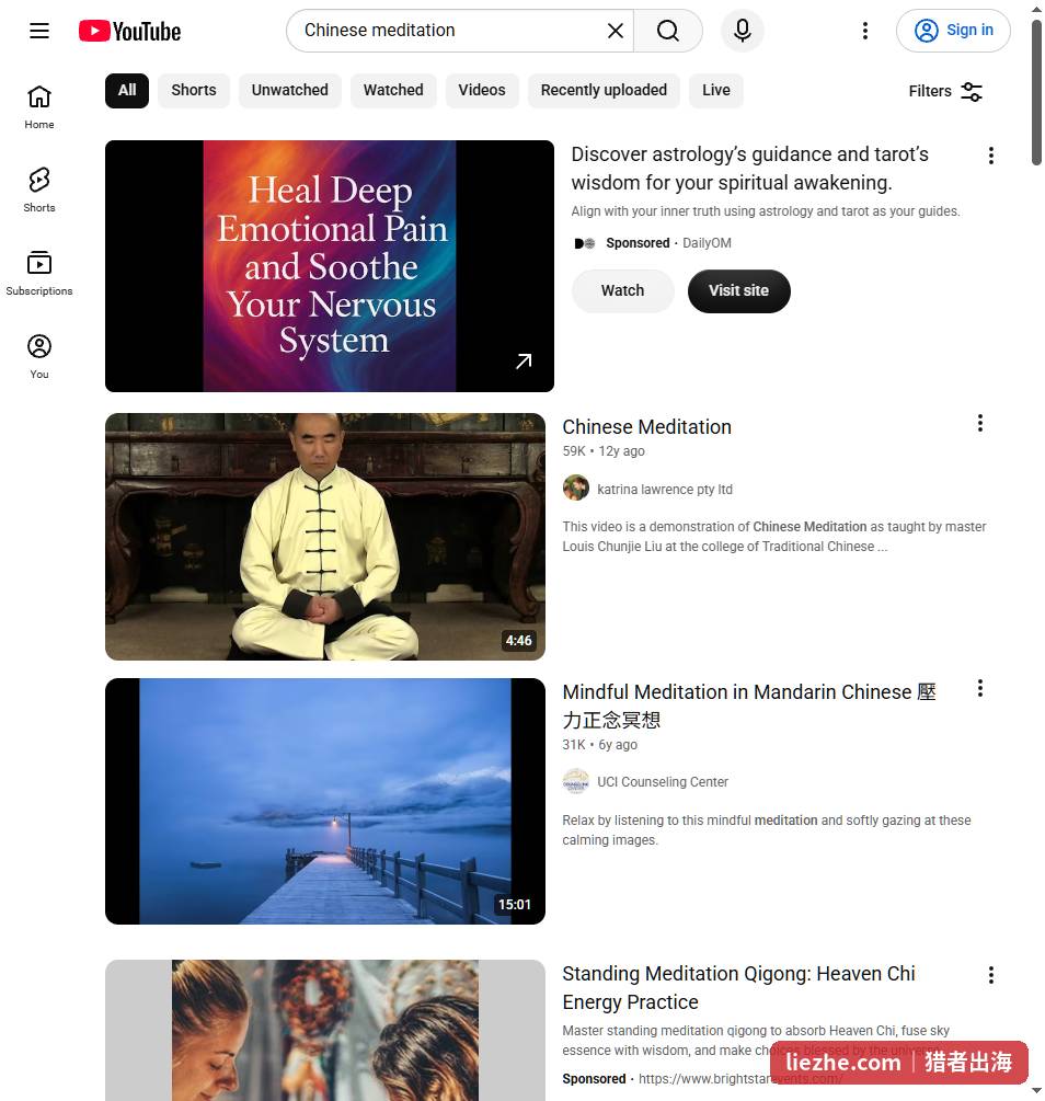 YouTube搜索Chinese meditation的结果页，前排多为老旧视频