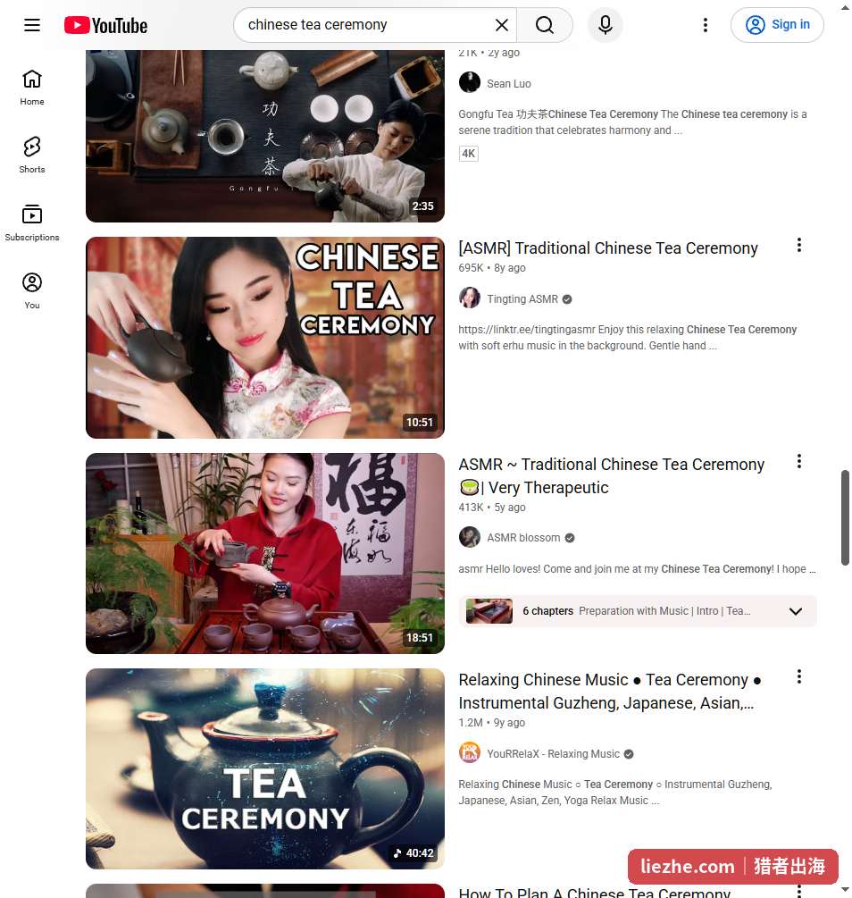 YouTube搜索Chinese tea ceremony的放松音乐与ASMR视频
